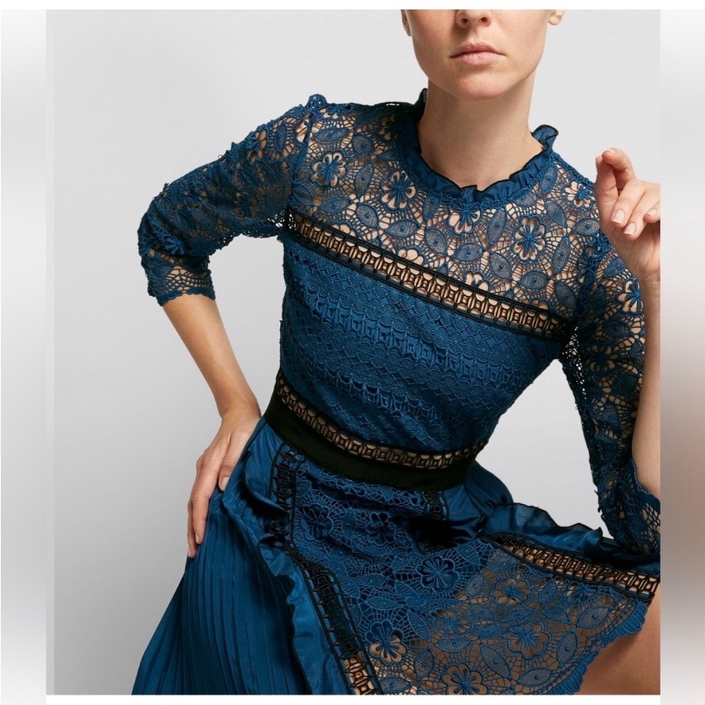 Self Portrait Guipure Mini Lace Dress in petrol| Size US 6